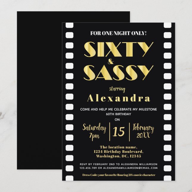 Sassy Gold Black Roaring 20er Movie Style Einladung (Vorne/Hinten)