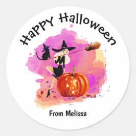 Sassy Halloween Hexe mit Katze Runder Aufkleber