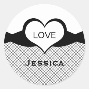 Sassy Heart Fishnet Stickers, Schwarz und Weiß Runder Aufkleber