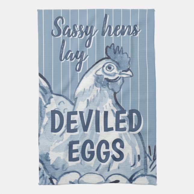 Sassy Hens Lay Deviled Eggs Funny Blue Chicken Art Geschirrtuch (Vertikal)