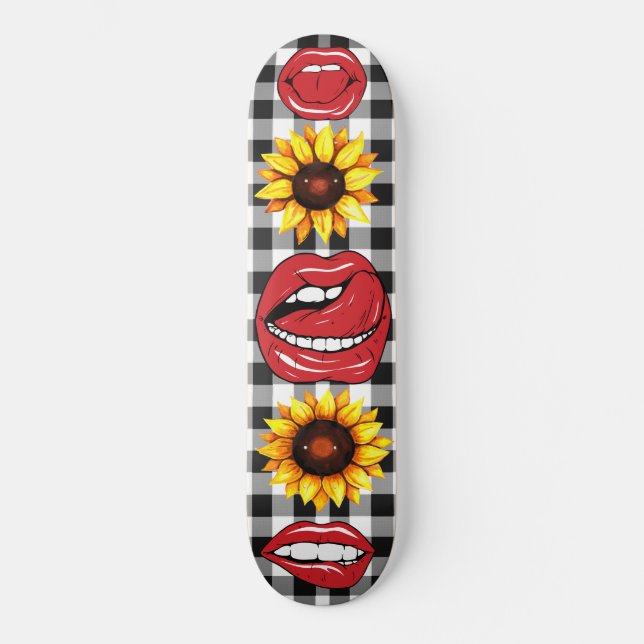 Sassy Lips Open Mouth Tongue Sunflower Checkered Skateboard (Vorderseite)