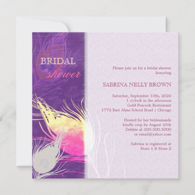 Sassy Peacock Feather Silhouette Brautparty Einladung (Vorderseite)