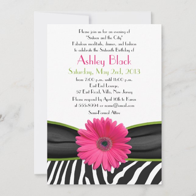 Sassy Pink Daisy Zebra Print Sweet 16 Einladung (Vorderseite)