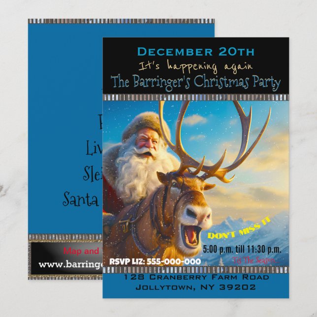 Sassy Santa & Reindeer Jährliches Weihnachtsfest P Einladung (Vorne/Hinten)