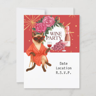 Sassy Siamese Cat trinken für Wine Party einladen Postkarte