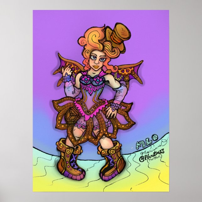 Sassy Steampunk Lady mit Top Hut und Flügel Art Poster (Vorne)