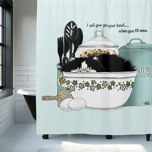 Sassy Tuxedo-Katze Vintage-Schüssel Aqua Retro-Küc Duschvorhang