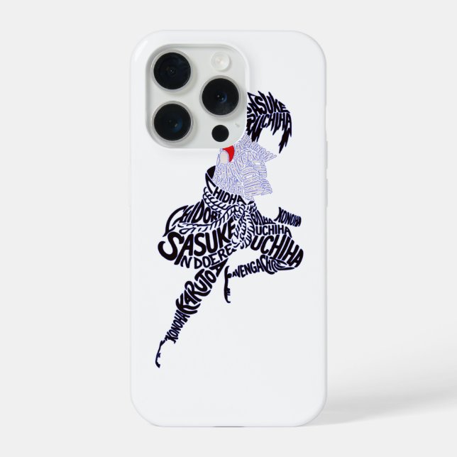 Sasuke Anime-Typografie iPhone 15 Pro Hülle (Rückseite)
