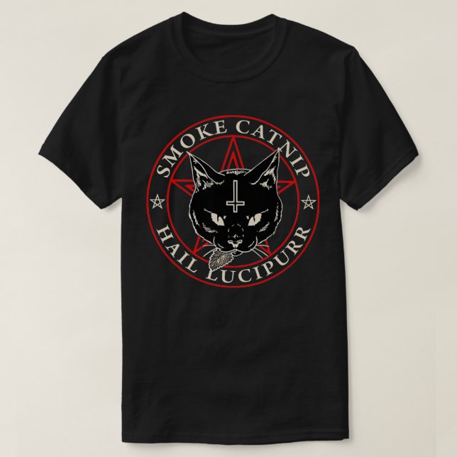 Satanic Black Cat Hail Satan Smoke Catnip Hail Luc T-Shirt (Design vorne)