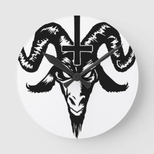 Satanischer Ziegen-Kopf mit Kreuz (Schwarzes) Runde Wanduhr