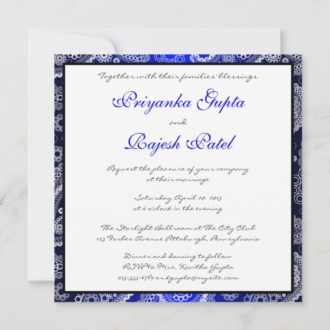 Satin Blue White Lace Paisley Wedding Einladung (Rückseite)