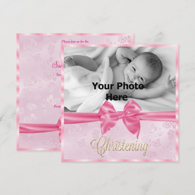Satin Bow Foto Girl's Christening Einladung (Vorne/Hinten)