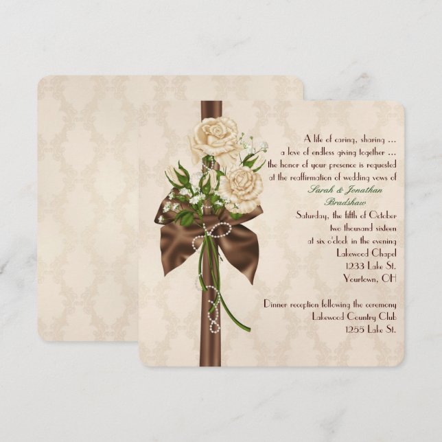 Satin Bow und Rose Vow Erneuerung Einladung (Vorne/Hinten)