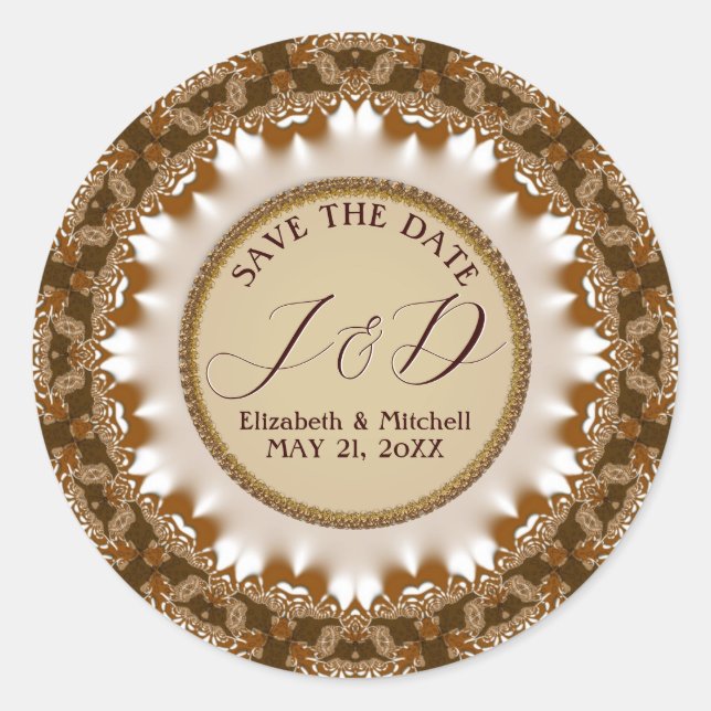 Satin Earth Lace Monogram Save the Date Runder Aufkleber (Vorderseite)