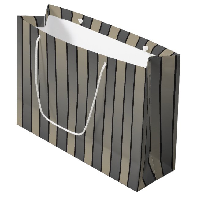 Satin Effect Streifen Muster Schwarz und Beige Große Geschenktüte (Vorderseite Schrägansicht)