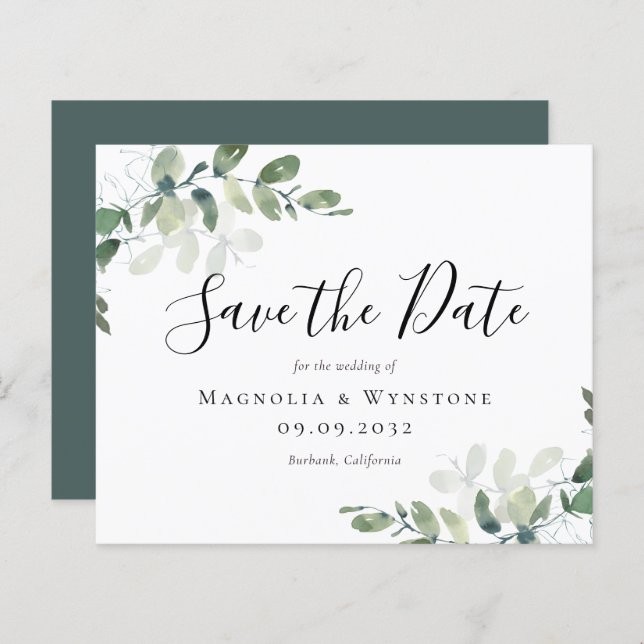 SATIN Eucalyptus Watercolor Wedding Save the Date (Vorne/Hinten)