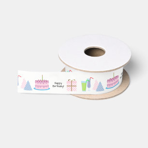Satin Joyeux ruban d'anniversaire - en rose et bleu, 1,5