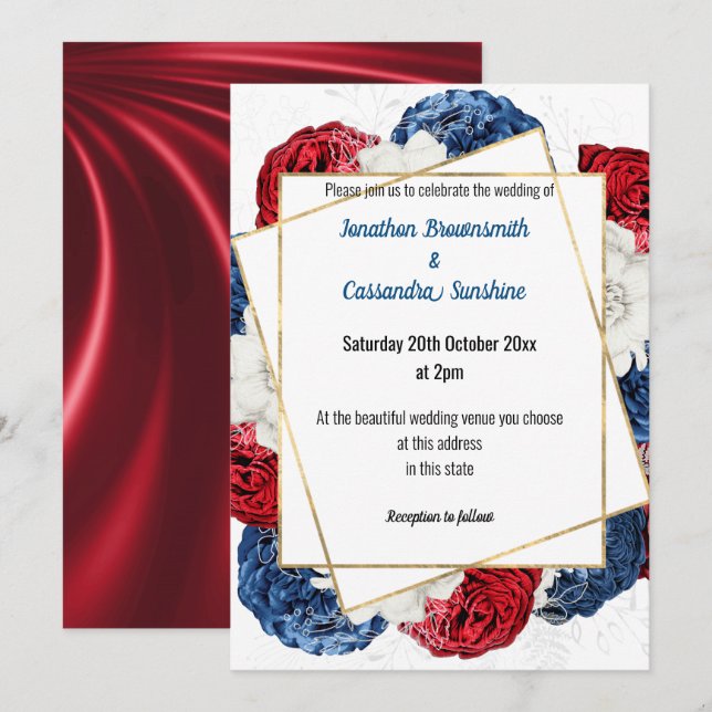 SATIN MODERN RED BLUE GRAY FLORAL WEDITE WHITE EINLADUNG (Vorne/Hinten)