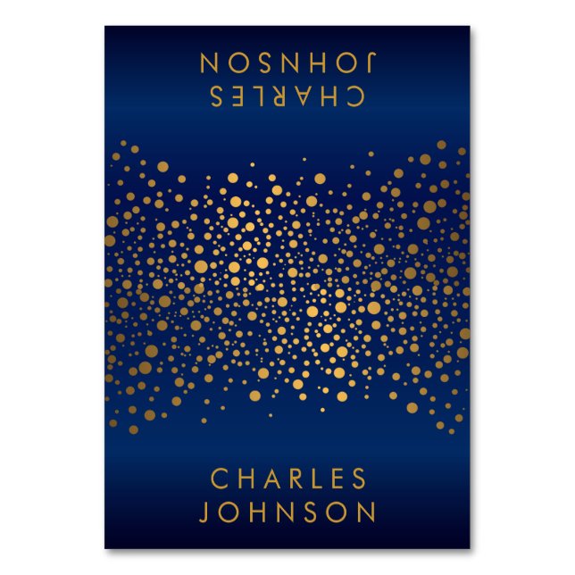 Satin Navy Blue and Gold Confetti Dots Platzkarten Tischnummer (Vorderseite)