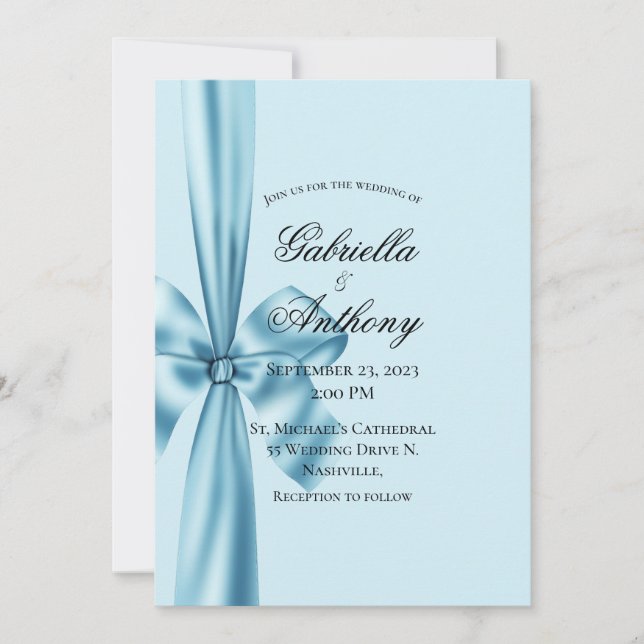 Satin Ribbon Blue Wedding Einladung (Vorderseite)