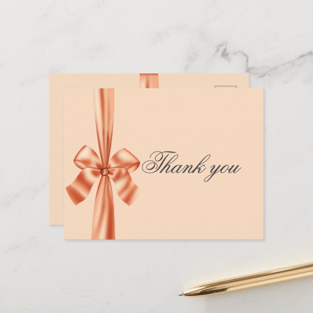 Satin Ribbon Peach Wedding Vielen Dank Postkarte (Vorderseite/Rückseite Beispiel)