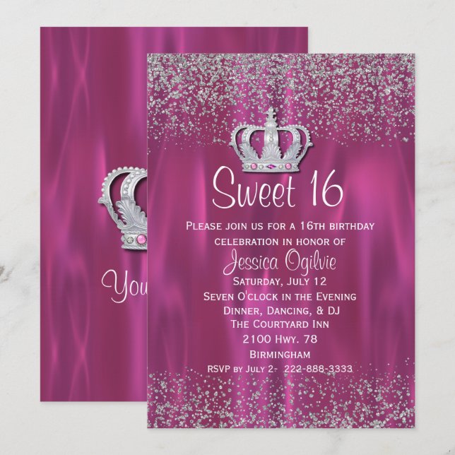 Satin und Glitzer Look Sweet 16 Einladung (Vorne/Hinten)