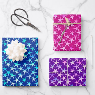 Satinsterne, Tiefblau, Fuchsienrosa und Lila  Geschenkpapier Set
