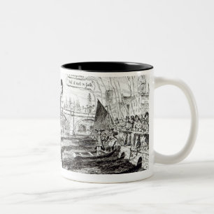Satirical Cartoon über die Wasser-Firma Zweifarbige Tasse