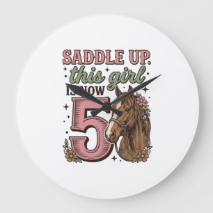 Sattel auf Mädchen 5. Geburtstag Pferd Cowgirl-Shi Große Wanduhr