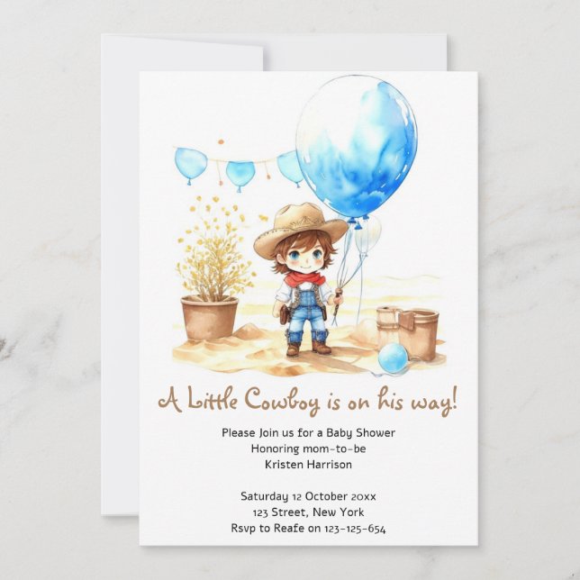 Sattel hoch: Aquarellfarben Western Cowboy Babydus Einladung (Vorderseite)