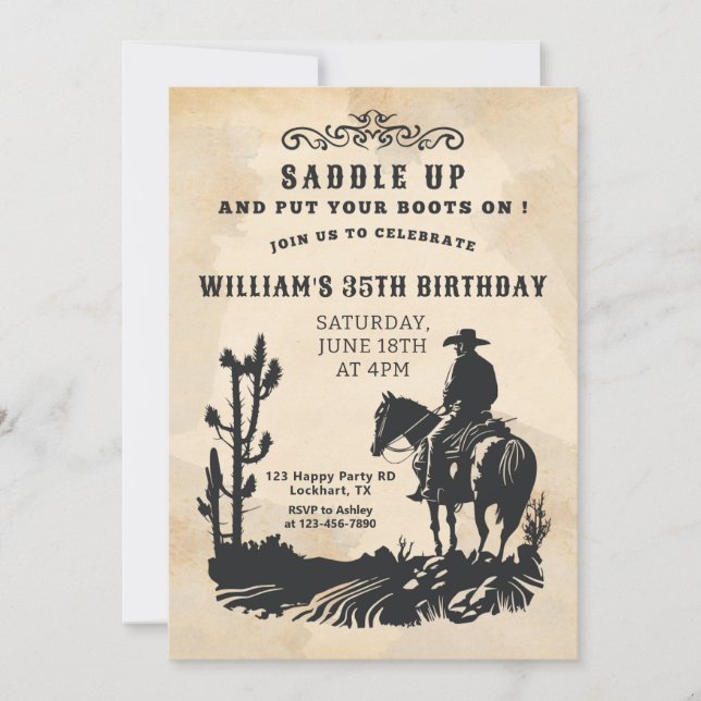 Sattel hoch, Western Party, Cowboy Geburtstag Einladung (Vorderseite)