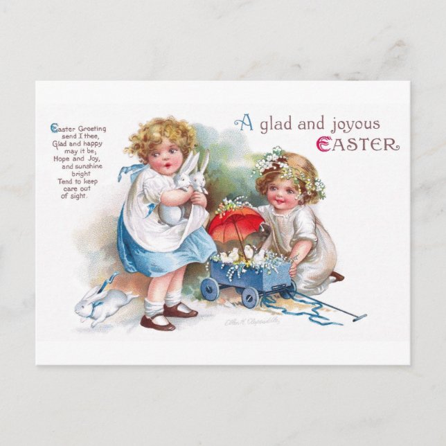 Sattel: Mädchen spielen mit Bunnies Postkarte (Vorderseite)