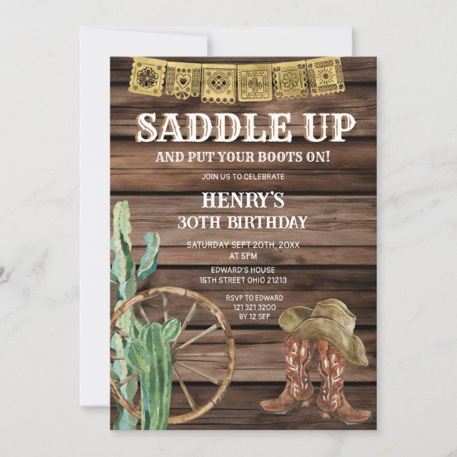 Sattel Western Cowboy Birthday Rustikales Holz Einladung (Vorderseite)
