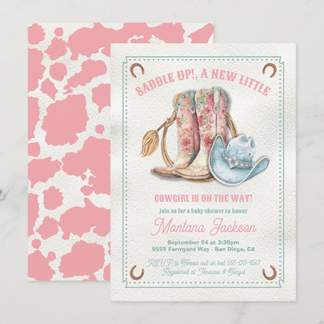 Satteln Sie die Floral Stiefel Babydusche Einladung (Vorne/Hinten)