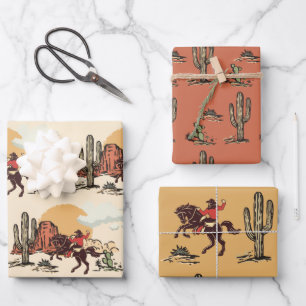 Sätten Sie den ersten Rodeo Cowboy Retro Woodcut Geschenkpapier Set