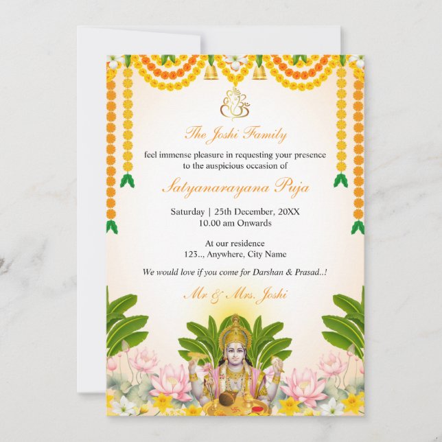 Satyanarayan Katha Invitation Card, Indian Puja Einladung (Vorderseite)
