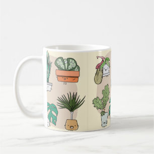 Satz niedlicher Zimmerpflanzen in Töpfen. Farbige Kaffeetasse