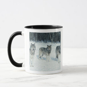 Satz Wölfe am Rand des schneebedeckten Waldes Tasse