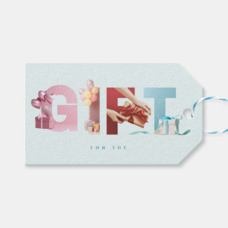 Saubere Himmelblaue GIFT-Foto-Typografie-Overlay Geschenkanhänger
