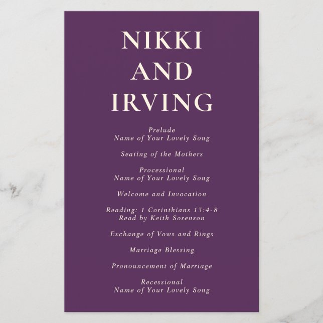 Saubere kühne Schriftart Lila Hochzeitsprogramm fü (Vorne)