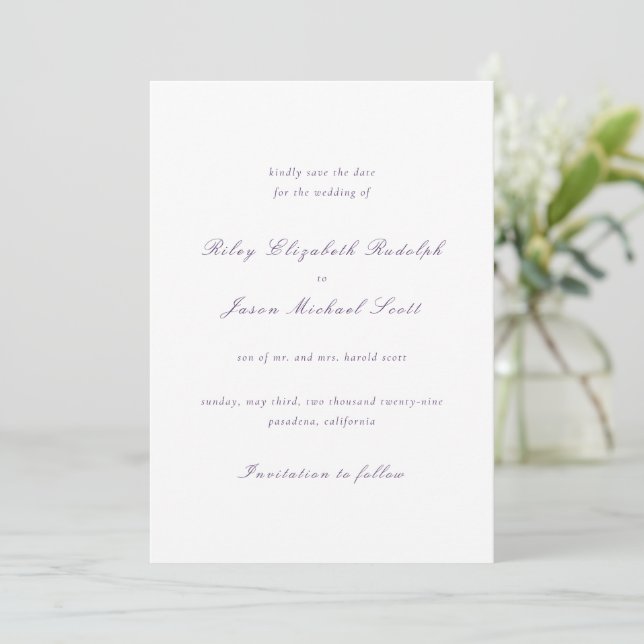 Saubere Lila Hochzeit Save The Date (Stehend Vorderseite)