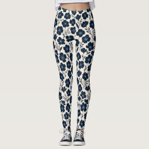 Saubere monochrome Wildblumen in Navy auf Creme Leggings