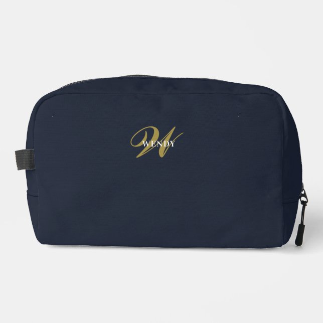 Saubere Navy Blau Gold Monogramm Accessoires Waschbeutel (Vorderseite)