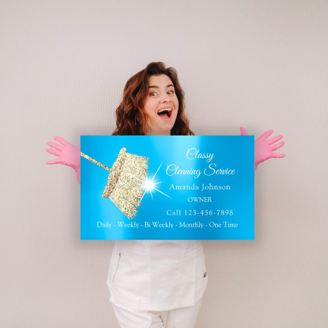 Saubere Reinigung Service Haushaltshilfe Gold Blau Visitenkarte (Classy Cleaning Service Maid Gold Blue Ocean Business Card)