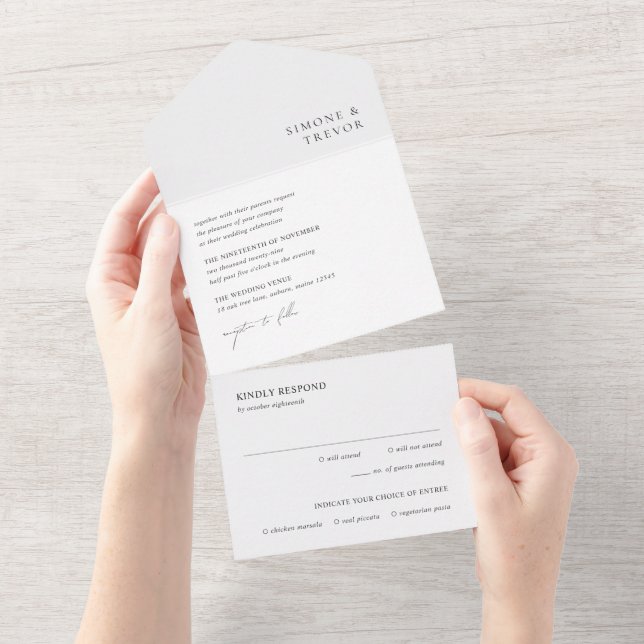Saubere Schwarz-Weiß-Hochzeit All In One Einladung (Abreißen)