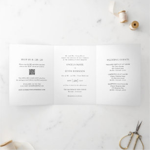 Saubere Schwarz-Weiß-QR-Code-Moderne Hochzeit Dreifach Gefaltete Einladung