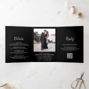 Saubere schwarze Foto-QR-Code-Moderne Hochzeit Dreifach Gefaltete Einladung