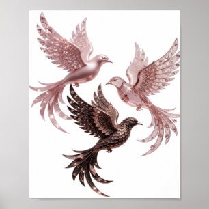 Saubere Silber-DREI ROSÉGOLD-VÖGEL Poster
