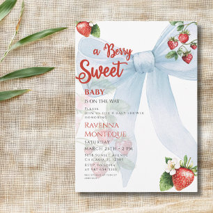 Saubere Süße Blaue Schleife Erdbeere Baby Shower Einladung