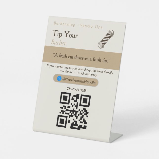 Saubere Tip Your Driver QR-Code-Schilder | Venmo T Sockelschild (Vorderseite)